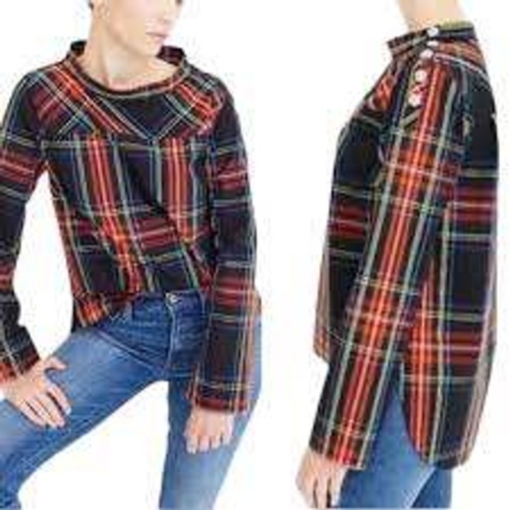 J.Crew Womens Plaid Tartan Jeweled Shoulder Button Long Sleeve Top SZ 4 Preppy